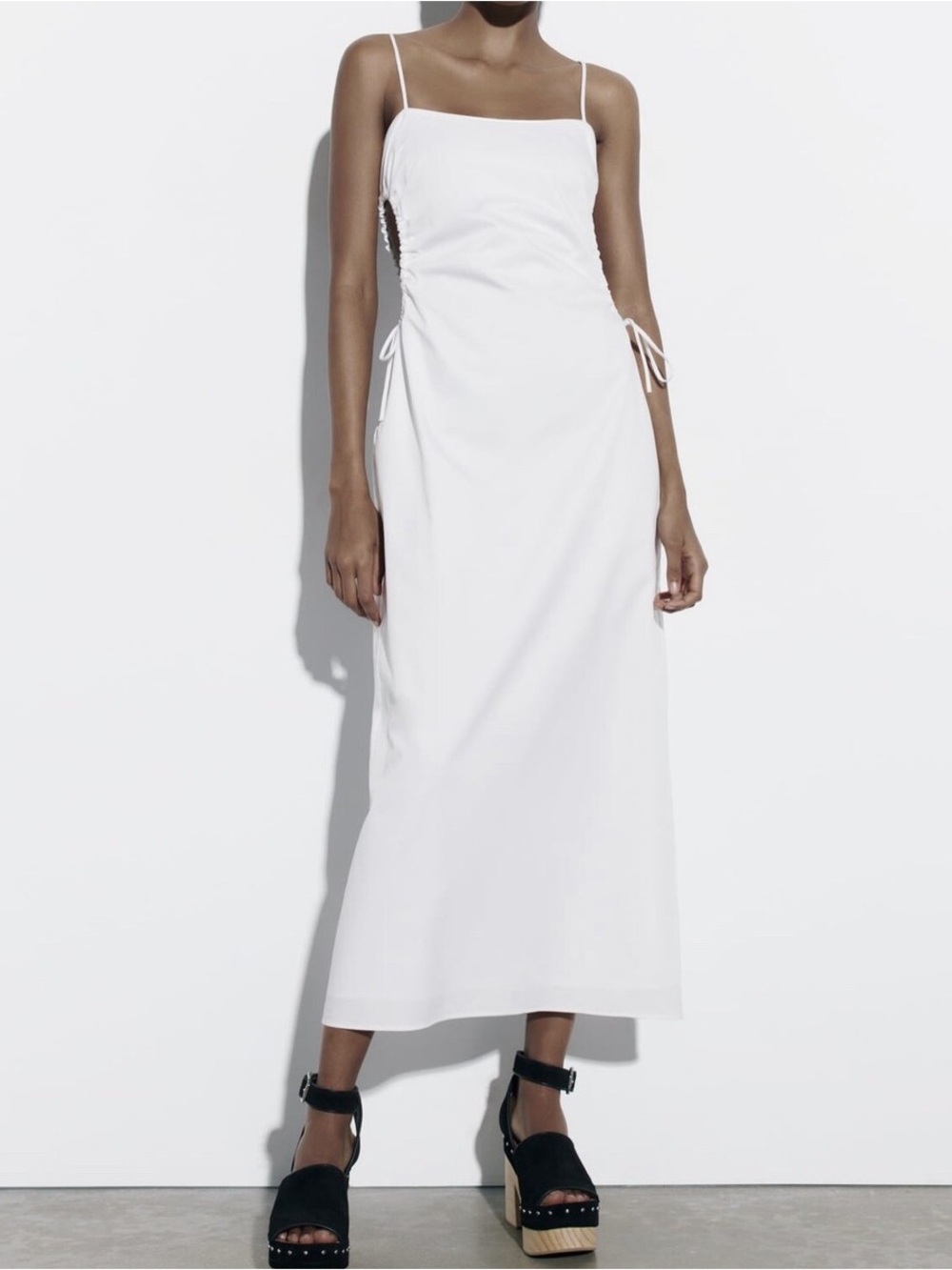 Zara White Spaghetti-Strap Maxi Dress with Cut-Out Sides